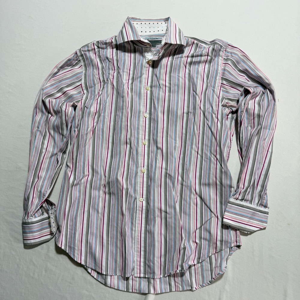 Johnston & Murphy Men's Dress Shirt L Tailored Fit Striped Pink Blue Flip Cuff